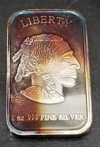 1 TROY OZ .999 FINE SILVER BAR INDIAN BUFFALO NICELY TONED