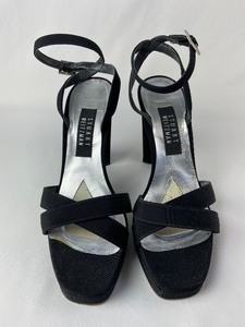 lot 21 image: Stuart Weitzman Vintage Black Suede Shoes with Double Toe Strap, Ankle Strap and Block Heel- Size 8.5