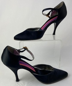 lot 40 image: Vintage Susan Bennis  Warren Edwards Bejeweled Black Ankle Strap Satin Heels - Size 8 12