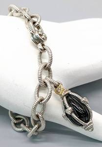 lot 49 image: Judith Ripka Caged Onyx, Sterling Silver, 18K Gold, Diamond, and Crystal Bracelet