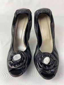 lot 72 image: Vintage Gibellieri Black Leather Peep-Toe and White Stone Kitten Heels - Size 40 (US Size 9.5)