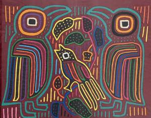 lot 83 image: Three Birds Cuna Textile Folk Art - Framed and Matted Mola