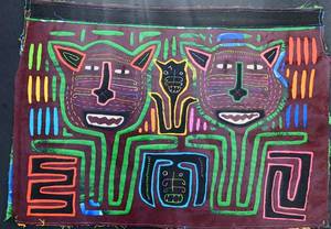 lot 84 image: Large Three Cats Cuna Textile Folk Art - Framed and Matted Animals Mola