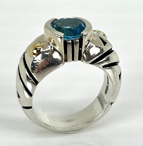 lot 134 image: John Atencio Sterling Silver18K Gold Open Bezel Set Blue Topaz Ring