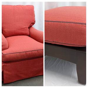 lot 112 image: Lee Industries Red Upholstered Glide & Swivel Rocking Chair and Ottoman- Duck Feather & Down