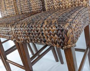 lot 115 image: Pottery Barn- Three Seagrass Handwoven Barstools - 30-Inch High Seat Wood and Weave Chairs