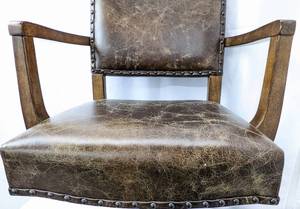 lot 118 image: Pottery Barn- Manchester Leather and Wood Swivel Desk Chair -Adjustable Office Chair