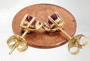 lot 163 image: Pink Topaz, Diamond and 14K Gold Stud Earrings- in Original Box