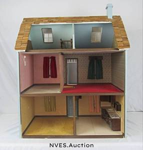 lot 5 image: Handmade Wooden Dollhouse with Handmade wooden furniture and parts and original dolls