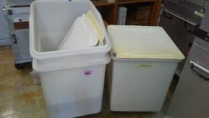 lot 499 image: 3 Resin Plastic Rolling Storage Bins  Containers.