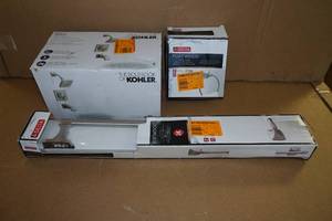 lot 14 image: Kohler BathShower Set with Towel Bar and Ring -Brushed Nickel