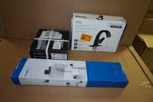 lot 16 image: Kohler Bathroom Faucet, Shower Set with Toilet Paper HolderTowel Bar -Matte Black