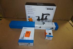 lot 25 image: Kohler Bathroom Faucet with Towel Bar, Toilet Paper Holder, and Towel Ring -Matte Black