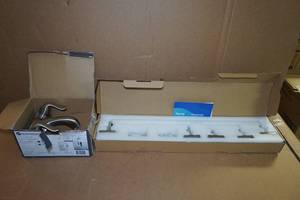 lot 45 image: Bathroom Faucet with Toilet Paper Holder, Robe Hook, Towel Bar and Ring -Brushed Nickel