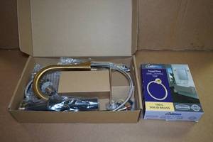 lot 57 image: Two-Handle Widespread Lavatory Faucet with Towel Ring -Brushed Gold