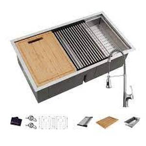 lot 143 image: Glacier Bay All-In-One Under Mount Stainless Steel 33 Double Bowl Kitchen Workstation Sink