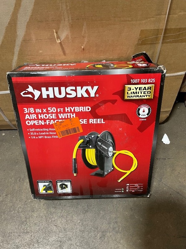 Husky 3/8 in. ft. Hybrid Air Hose With Open Faced Hose Reel for