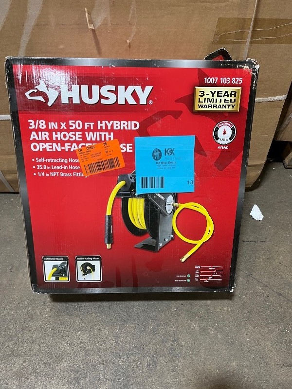 Husky 3/8 in x 50 Ft Hybrid Air Hose with Open Face Hose Reel, New - Review  all pictures, KX REAL DEALS BRANDD TOOLS FAUCETS HOUSEWARES AND MORE  NEWPORT AUCTION