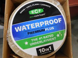 lot 42 image: Eco Cork Foam 75 sq. ft. 3 ft. x 25 ft. x 3.2 mm Waterproof Premium Plus 10-in-1 Underlayment - Vinyl Plank, Laminate, Engineered Wood