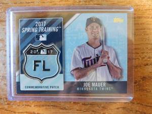 lot 156 image: 2017 Topps Gold Logo Patch Card Joe Mauer Serial #6599