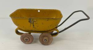 Vintage Pressed Steel Toy Buggy With Wooden Tires (One Broken Wheel) 5 34 x 2 12 x 2