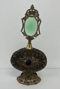 Vintage Ornate Tin Brass Colored Apollo Perfume Bottle With Gem Top