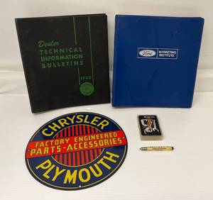Group Of Misc. Items Including Chrysler Sign, Ford Marketing Institute And More