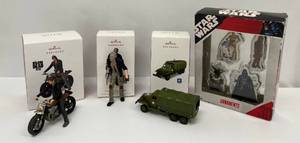Group Of Christmas Ornaments Including 2018 Hallmark Keepsake Ornaments Walking Dead, Army Truck And Star Wars