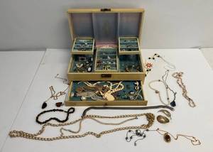 Vintage Jewelry Box Filled With Misc. Costume Jewelry And More