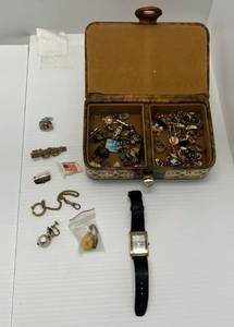 Small Jewelry Box With Misc. Costume Jewelry Including Cuff Links, Earrings And More