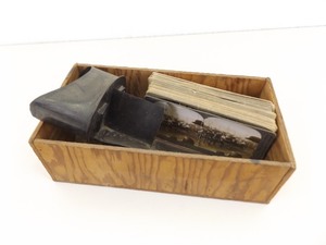 Antique Stereoscope and Cards in Wood Box