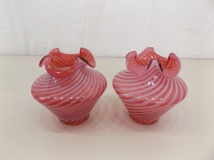 2 Vintage Fenton Red Swirl Flower Vases