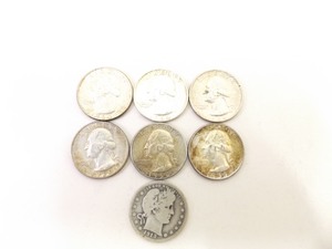 1 - 1913 Barber Silver Quarter and 6 - Pre-1964 Washington Silver Quarters