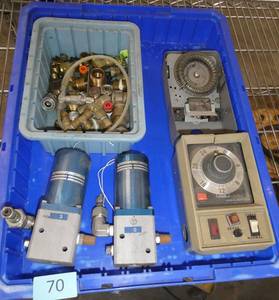 Bin of brass fittings, solenoid valves, and timers - bin not included