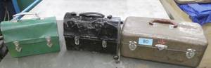 2 vintage lunch boxes and a vintage tackle box