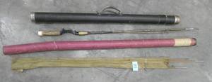 Vintage fishing collection - old rod carrier with screw on cap, hexagon bamboo pole in nice shape, spinning reel cardboard holder with screw on cap