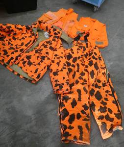 Blaze orange cold weather hunting bibs size XL and coat with hood size 2XL and 2 hunting vests