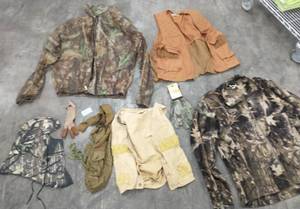 Group of ammo vests, fleece jacket, bug mesh jacket, scent protect headcover
