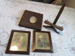 Framed prints and display rack (see...