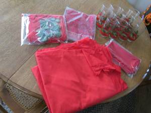 12 Christmas glasses and table clot...