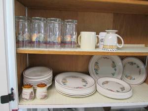 Plates, glasses, bowls and salt and...