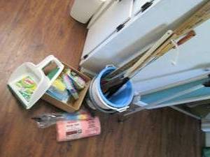 Sponges, dusting fabric, mop bucket...