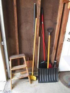 2ft wood step ladder, shovel, coppe...