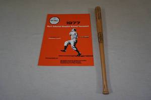 lot 17 image: 1977 Mens Industrial Slowpitch National Tournament Program and Mini Bat