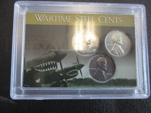 1943-P, D and S Mint WWII Emergency Issue Steel Pennies in Decorative P-40 Warhawk Case