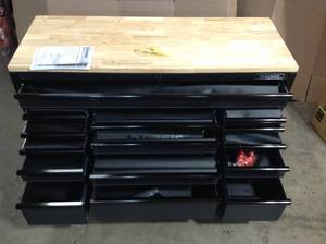 Husky 61 in. W x 23 in. D Heavy Duty 15-Drawer Mobile Workbench Tool Chest with Solid Wood Top in Matte Black Customer Returns See Terms on Auction