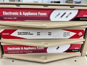 ASSORTED ELECTRONIC AND APPLIANCE FUSES AND CABINET