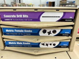 ASSORTED DRILL BITS AND METRIC KNOBS AND CABINET
