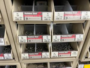 ASSORTED STAINLESS STEEL SHEET METAL SCREWS AND CABINET