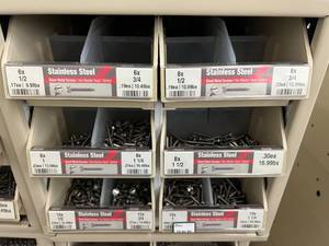 ASSORTED STAINLESS STEEL SHEET METAL SCREWS AND CABINET